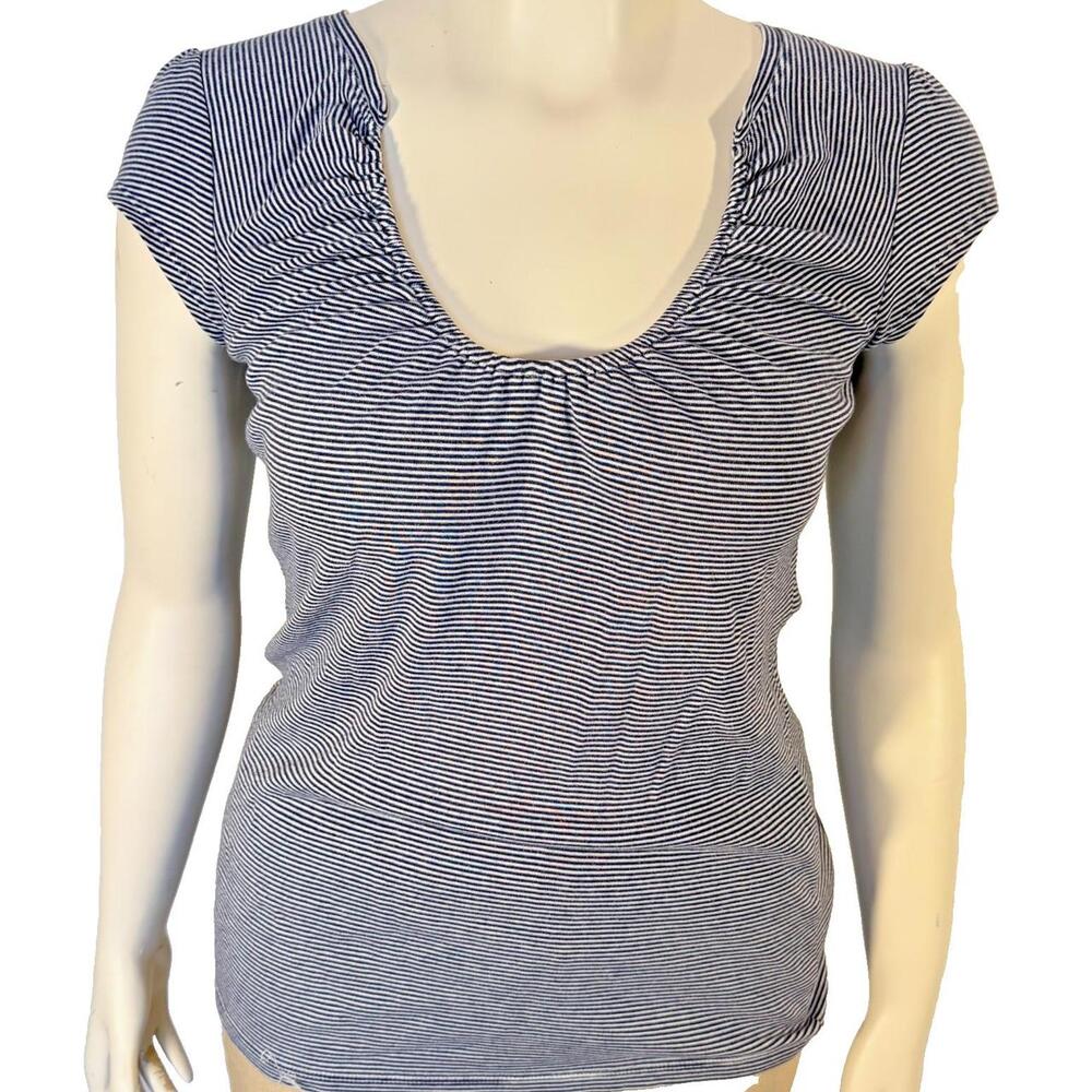 Express Sexy Basic Tee Shirt Womens L Mini Stripe Cap Sleeve Ruched Scoop Neck